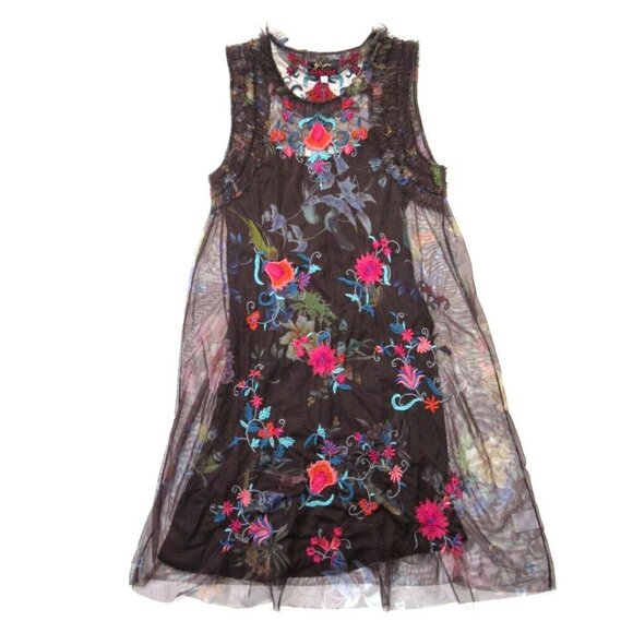 NWT BIYA Johnny Was Sheer Printed Mesh Shift Embroidered Dress w/ Slip M
